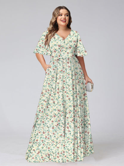 Robe de Demoiselled'Honneur Grande Taille, Coupe Trapèze/Princesse, Col en V, Manches Courtes, Froncée, Motif Floral