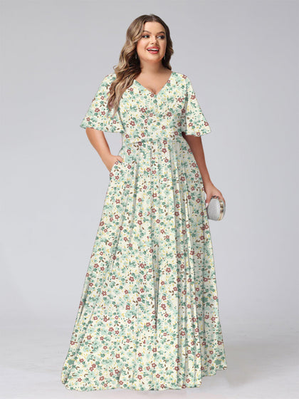 Robe de Demoiselled'Honneur Grande Taille, Coupe Trapèze/Princesse, Col en V, Manches Courtes, Froncée, Motif Floral