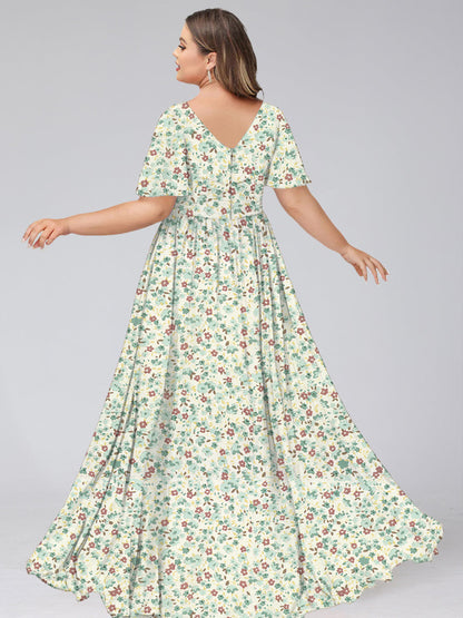 Robe de Demoiselled'Honneur Grande Taille, Coupe Trapèze/Princesse, Col en V, Manches Courtes, Froncée, Motif Floral