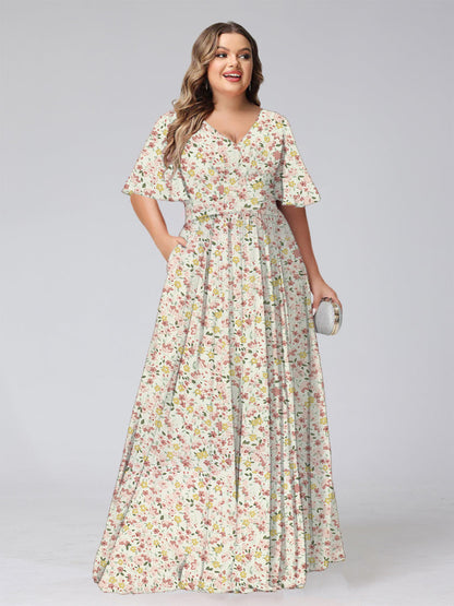 Robe de Demoiselled'Honneur Grande Taille, Coupe Trapèze/Princesse, Col en V, Manches Courtes, Froncée, Motif Floral