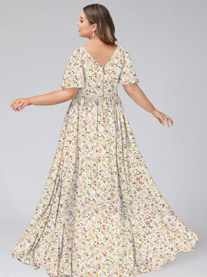 Robe de Demoiselled'Honneur Grande Taille, Coupe Trapèze/Princesse, Col en V, Manches Courtes, Froncée, Motif Floral