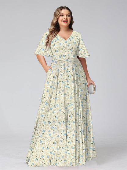 Robe de Demoiselled'Honneur Grande Taille, Coupe Trapèze/Princesse, Col en V, Manches Courtes, Froncée, Motif Floral