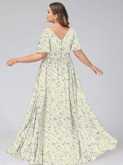 Robe de Demoiselled'Honneur Grande Taille, Coupe Trapèze/Princesse, Col en V, Manches Courtes, Froncée, Motif Floral