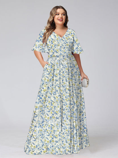 Robe de Demoiselled'Honneur Grande Taille, Coupe Trapèze/Princesse, Col en V, Manches Courtes, Froncée, Motif Floral