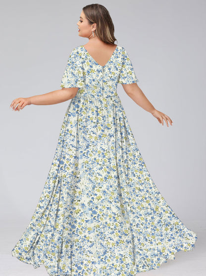 Robe de Demoiselled'Honneur Grande Taille, Coupe Trapèze/Princesse, Col en V, Manches Courtes, Froncée, Motif Floral