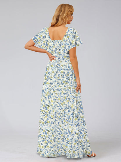 Robe de Demoiselled'Honneur à Volants, Coupe Trapèze/Princesse, Col en V, Manches Courtes, Motif Floral