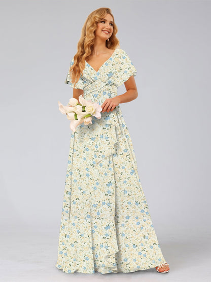 Robe de Demoiselled'Honneur à Volants, Coupe Trapèze/Princesse, Col en V, Manches Courtes, Motif Floral