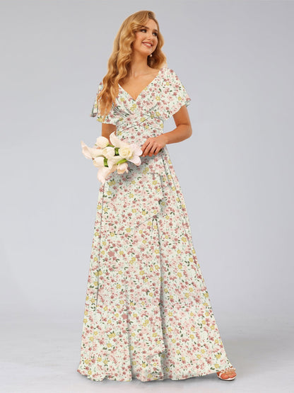 Robe de Demoiselled'Honneur à Volants, Coupe Trapèze/Princesse, Col en V, Manches Courtes, Motif Floral