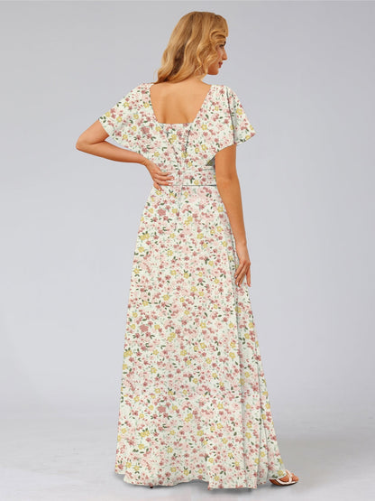 Robe de Demoiselled'Honneur à Volants, Coupe Trapèze/Princesse, Col en V, Manches Courtes, Motif Floral
