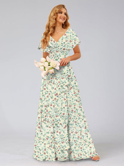 Robe de Demoiselled'Honneur à Volants, Coupe Trapèze/Princesse, Col en V, Manches Courtes, Motif Floral