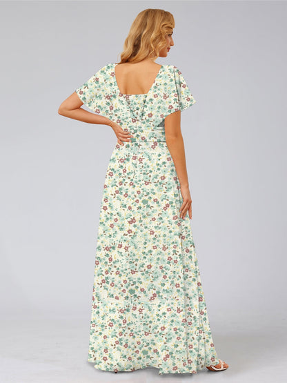 Robe de Demoiselled'Honneur à Volants, Coupe Trapèze/Princesse, Col en V, Manches Courtes, Motif Floral
