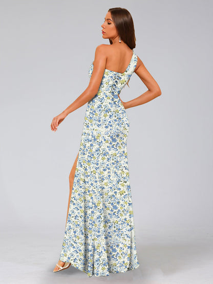Robe de Demoiselled'Honneur Sirène/Trompette Asymétrique Sans Manches, Fendue Sur le Côté, Motif Floral