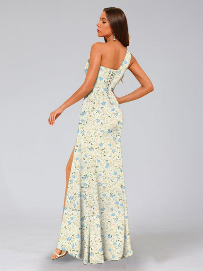 Robe de Demoiselled'Honneur Sirène/Trompette Asymétrique Sans Manches, Fendue Sur le Côté, Motif Floral