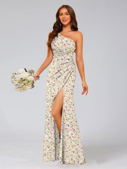 Robe de Demoiselled'Honneur Sirène/Trompette Asymétrique Sans Manches, Fendue Sur le Côté, Motif Floral