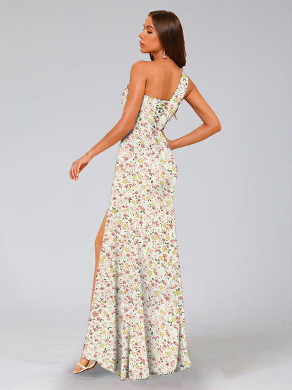 Robe de Demoiselled'Honneur Sirène/Trompette Asymétrique Sans Manches, Fendue Sur le Côté, Motif Floral