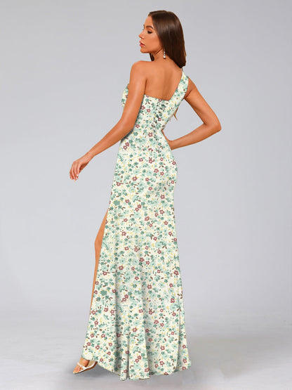 Robe de Demoiselled'Honneur Sirène/Trompette Asymétrique Sans Manches, Fendue Sur le Côté, Motif Floral
