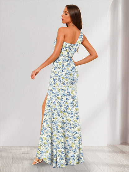 Robe de Demoiselled'Honneur Sirène/Trompette Asymétrique Sans Manches, Fendue Sur le Côté, Motif Floral