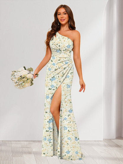 Robe de Demoiselled'Honneur Sirène/Trompette Asymétrique Sans Manches, Fendue Sur le Côté, Motif Floral