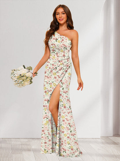 Robe de Demoiselled'Honneur Sirène/Trompette Asymétrique Sans Manches, Fendue Sur le Côté, Motif Floral