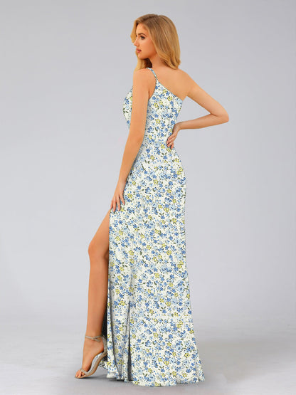 Robe de Demoiselled'Honneur à Fleurs, Fourreau/Colonne, Asymétrique, Sans Manches, Fendue Sur le Côté
