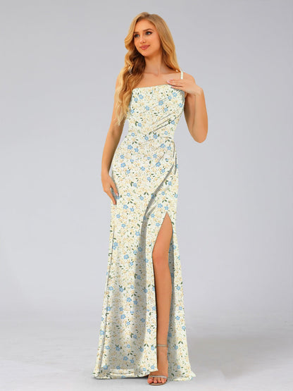 Robe de Demoiselled'Honneur à Fleurs, Fourreau/Colonne, Asymétrique, Sans Manches, Fendue Sur le Côté