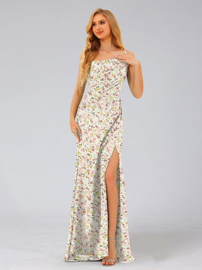 Robe de Demoiselled'Honneur à Fleurs, Fourreau/Colonne, Asymétrique, Sans Manches, Fendue Sur le Côté