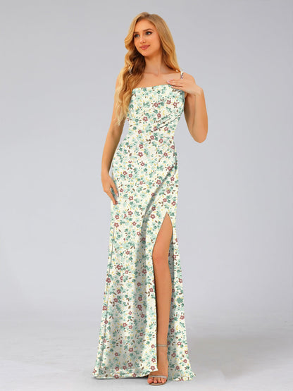 Robe de Demoiselled'Honneur à Fleurs, Fourreau/Colonne, Asymétrique, Sans Manches, Fendue Sur le Côté