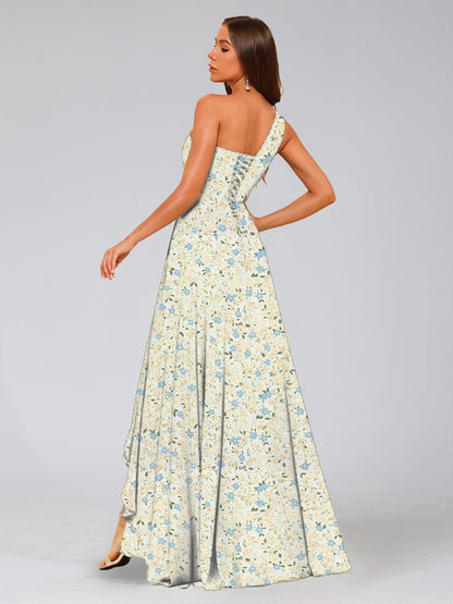 Robes de Demoiselled'Honneur Trapèze/Princesse Asymétriques Sans Manches à Volants et à Fleurs