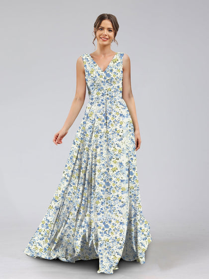 Robes de Demoiselled'Honneur à Fleurs Froncées, Coupe A-Line/Princesse, Col en V, Sans Manches