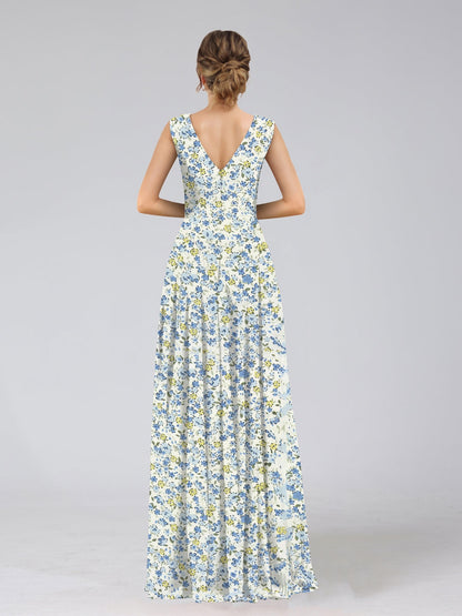 Robes de Demoiselled'Honneur à Fleurs Froncées, Coupe A-Line/Princesse, Col en V, Sans Manches