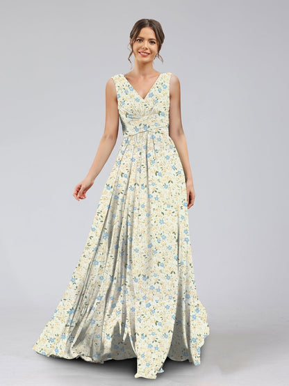 Robes de Demoiselled'Honneur à Fleurs Froncées, Coupe A-Line/Princesse, Col en V, Sans Manches