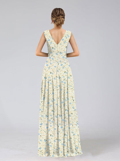 Robes de Demoiselled'Honneur à Fleurs Froncées, Coupe A-Line/Princesse, Col en V, Sans Manches