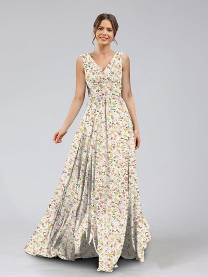 Robes de Demoiselled'Honneur à Fleurs Froncées, Coupe A-Line/Princesse, Col en V, Sans Manches