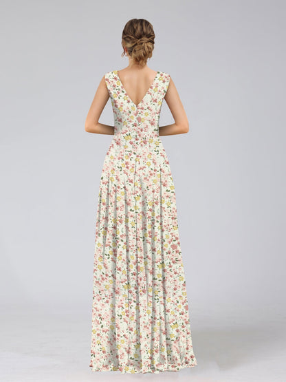 Robes de Demoiselled'Honneur à Fleurs Froncées, Coupe A-Line/Princesse, Col en V, Sans Manches