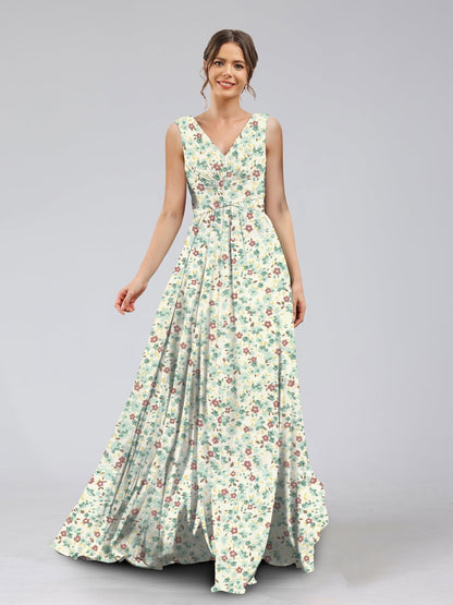 Robes de Demoiselled'Honneur à Fleurs Froncées, Coupe A-Line/Princesse, Col en V, Sans Manches