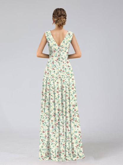 Robes de Demoiselled'Honneur à Fleurs Froncées, Coupe A-Line/Princesse, Col en V, Sans Manches