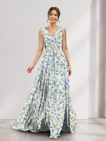 Robes de Demoiselled'Honneur à Fleurs Froncées, Coupe A-Line/Princesse, Col en V, Sans Manches