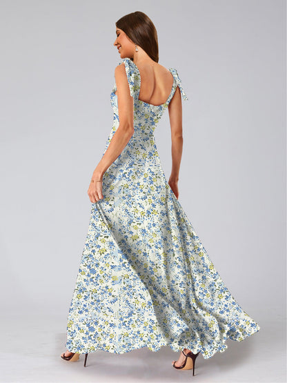 Robe de Demoiselled'Honneur Trapèze/Princesse, Col Carré, Sans Manches, Fendue Sur le Côté, Motif Floral