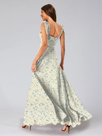 Robe de Demoiselled'Honneur Trapèze/Princesse, Col Carré, Sans Manches, Fendue Sur le Côté, Motif Floral