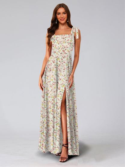 Robe de Demoiselled'Honneur Trapèze/Princesse, Col Carré, Sans Manches, Fendue Sur le Côté, Motif Floral