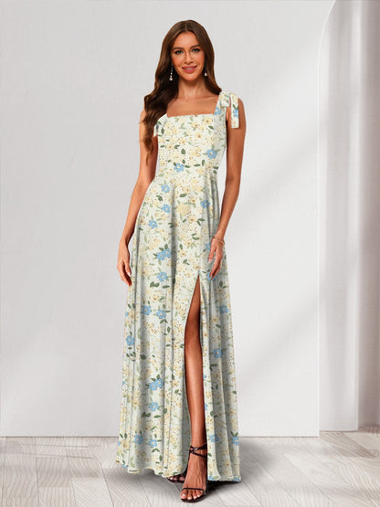Robe de Demoiselled'Honneur Trapèze/Princesse, Col Carré, Sans Manches, Fendue Sur le Côté, Motif Floral