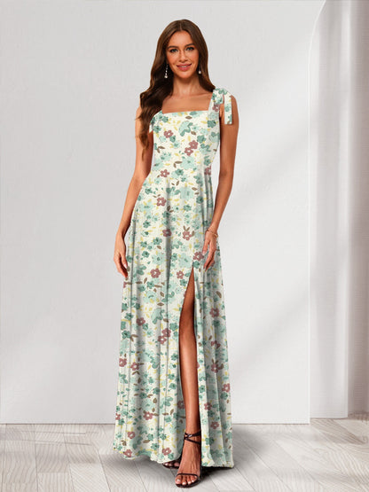 Robe de Demoiselled'Honneur Trapèze/Princesse, Col Carré, Sans Manches, Fendue Sur le Côté, Motif Floral