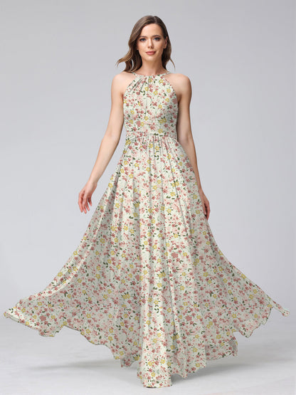 Robes de Demoiselled'Honneur à Fleurs Froncées, Coupe A-Line/Princesse, Dos Nu, Sans Manches