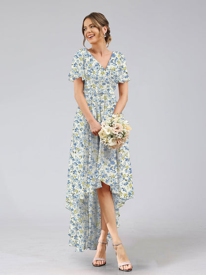 Robes de Demoiselled'Honneur à Fleurs Froncées, Coupe A-Line/Princesse, Col en V, Manches Courtes