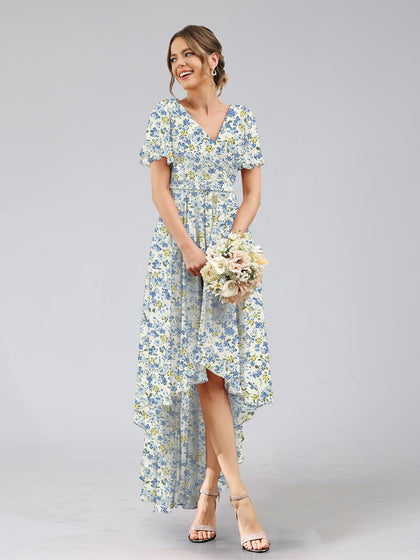 Robes de Demoiselled'Honneur à Fleurs Froncées, Coupe A-Line/Princesse, Col en V, Manches Courtes