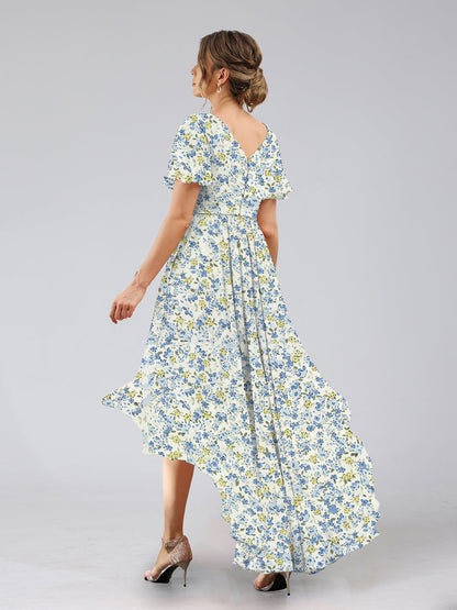 Robes de Demoiselled'Honneur à Fleurs Froncées, Coupe A-Line/Princesse, Col en V, Manches Courtes