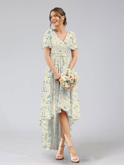 Robes de Demoiselled'Honneur à Fleurs Froncées, Coupe A-Line/Princesse, Col en V, Manches Courtes