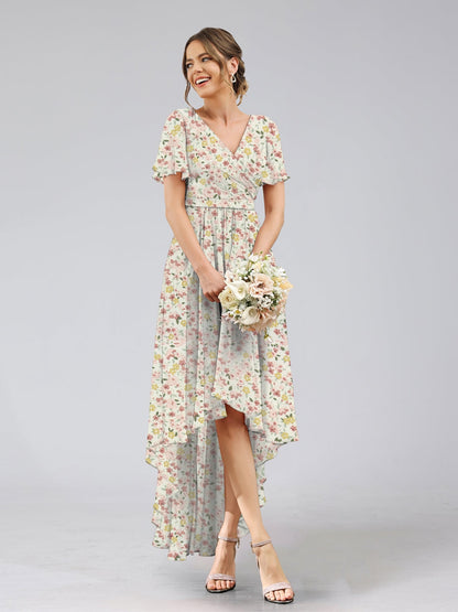 Robes de Demoiselled'Honneur à Fleurs Froncées, Coupe A-Line/Princesse, Col en V, Manches Courtes