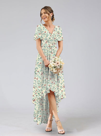 Robes de Demoiselled'Honneur à Fleurs Froncées, Coupe A-Line/Princesse, Col en V, Manches Courtes