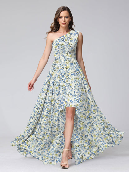 Robes de Demoiselled'Honneur Trapèze/Princesse Asymétriques Sans Manches à Volants et à Fleurs